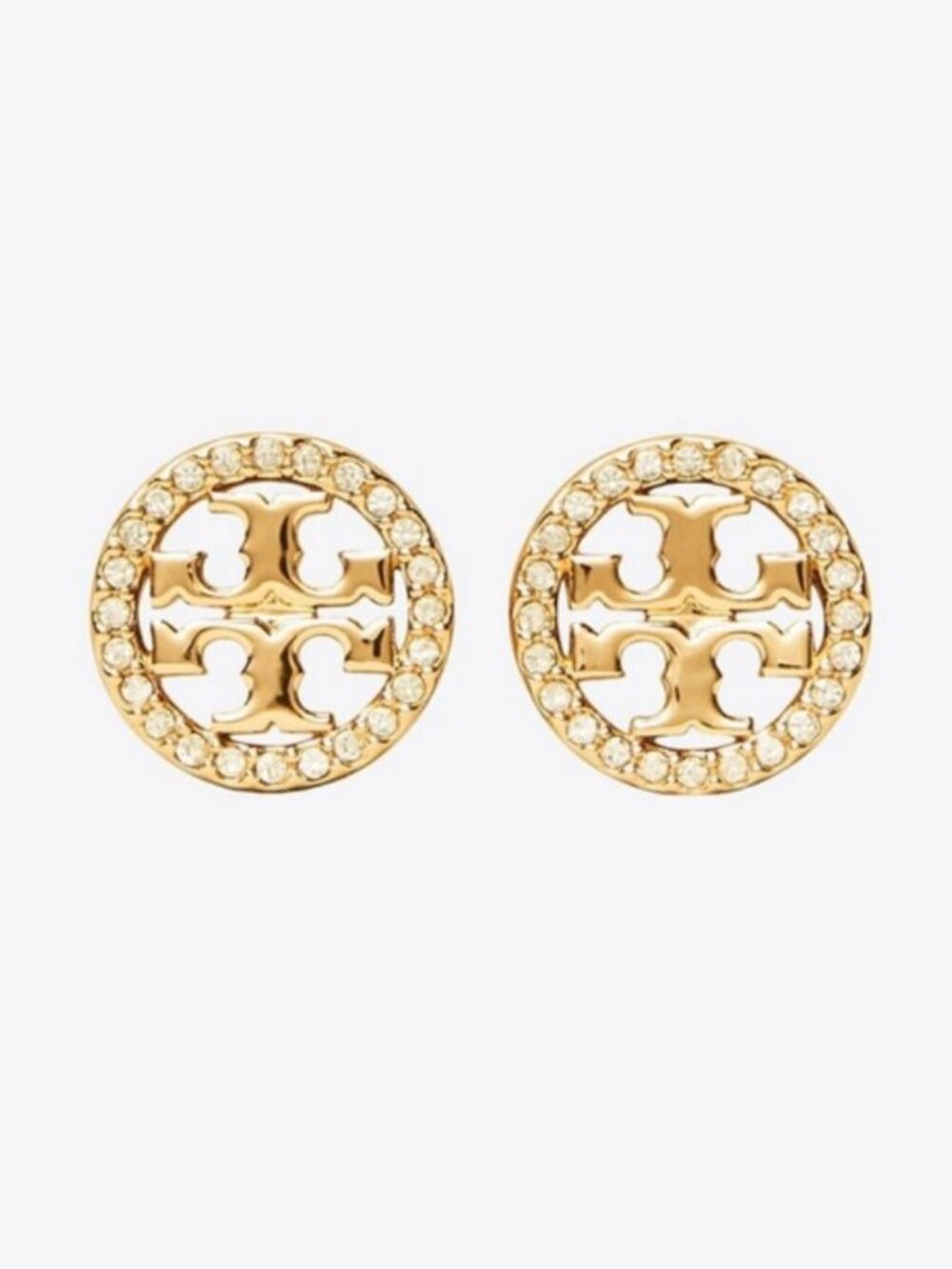 Tory Burch Miller Crystal Logo Stud Earrings Gold Tone Pavé Double T Earrings